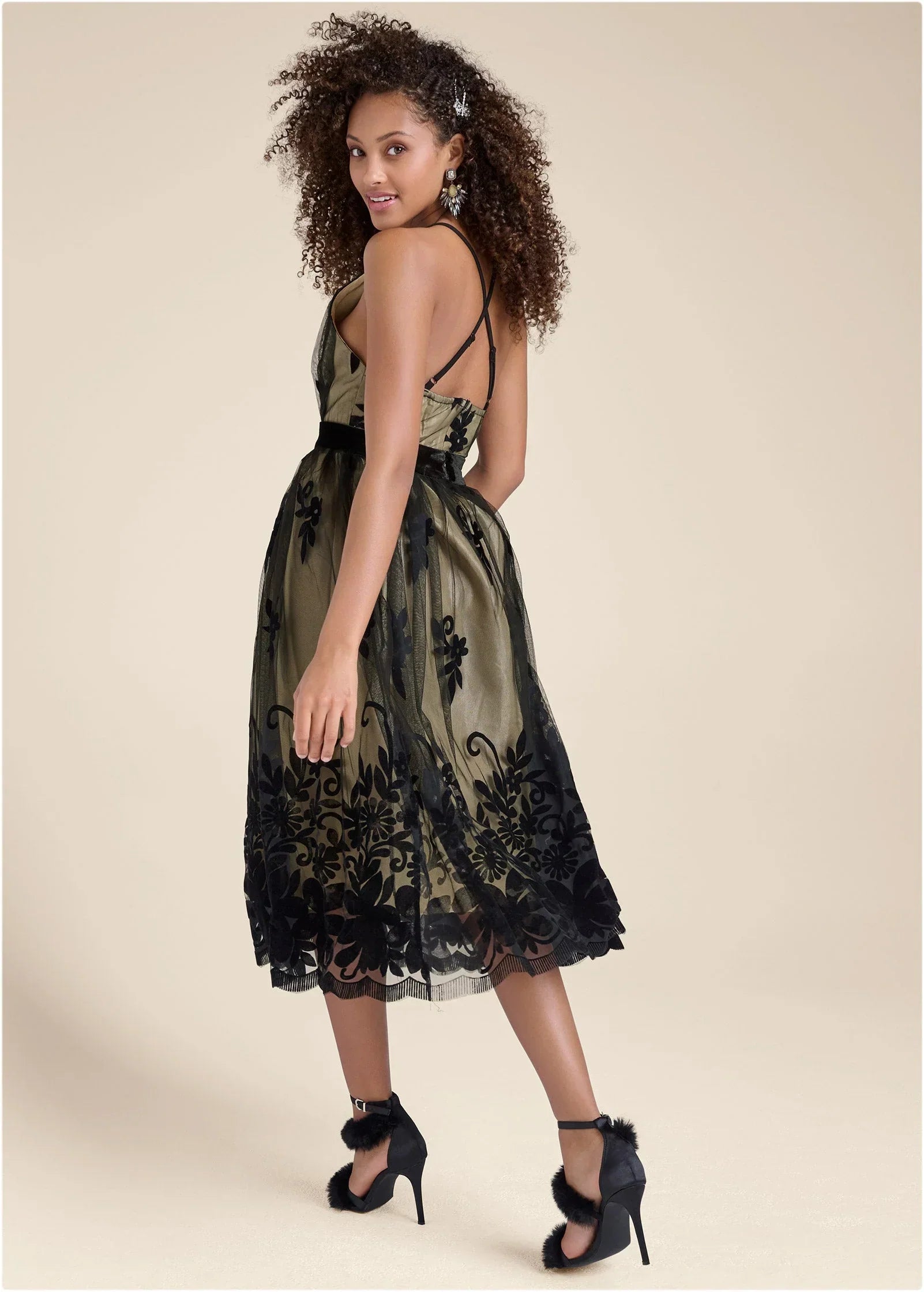 Velvet Floral Midi Dress Black Nude