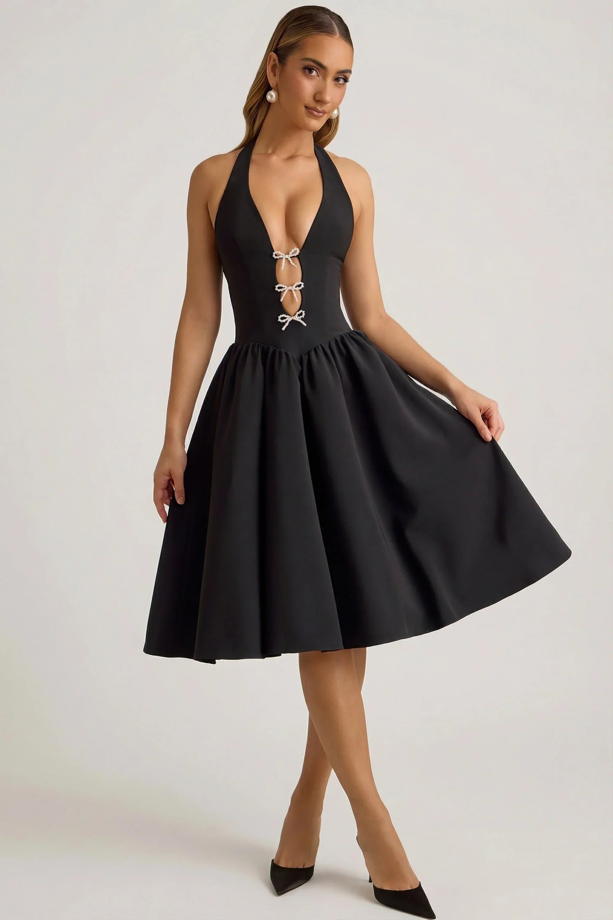 Halterneck Bow Detail Midi Dress in Black