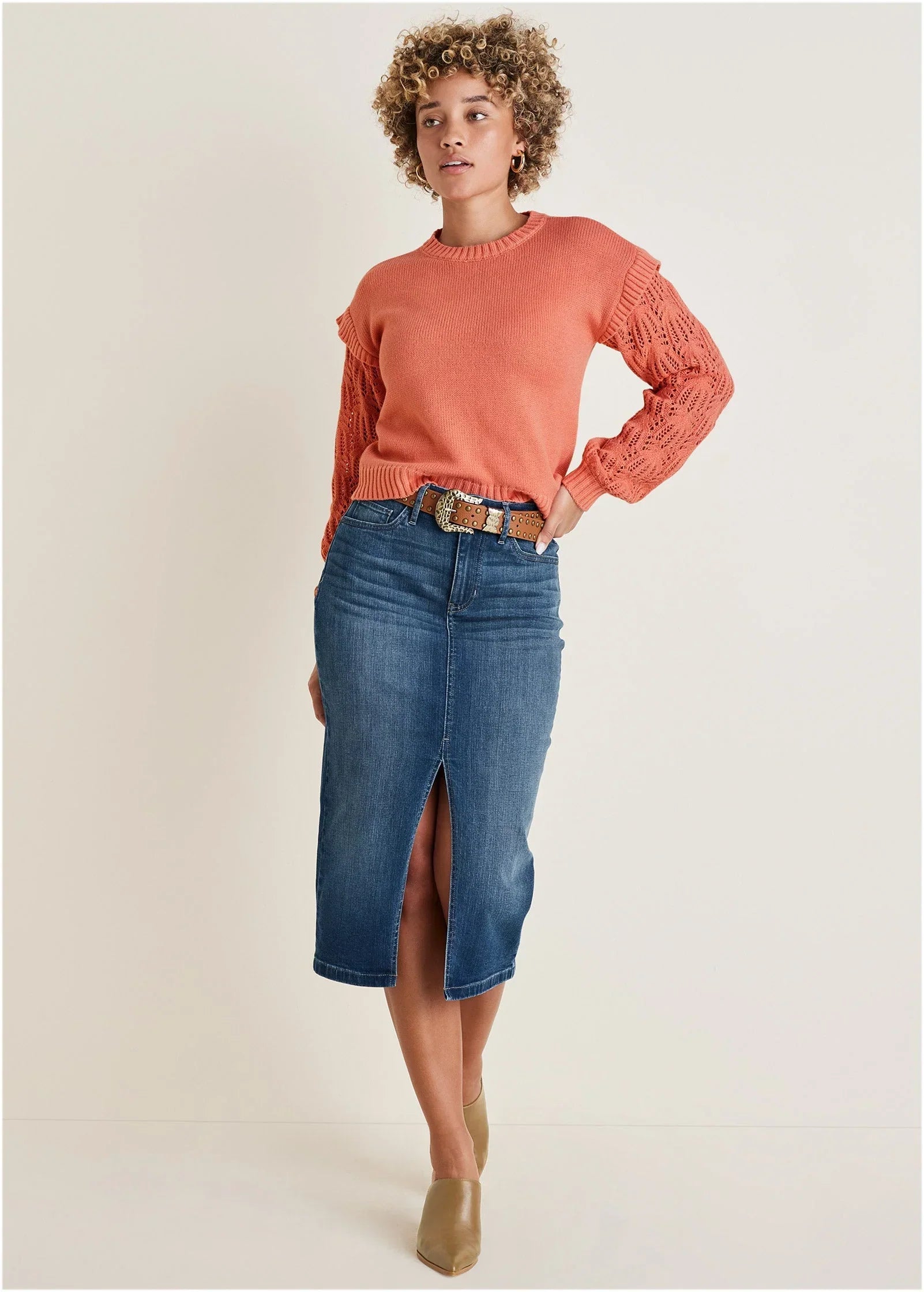 Pointelle Sleeve Crew Neck Burnt Coral