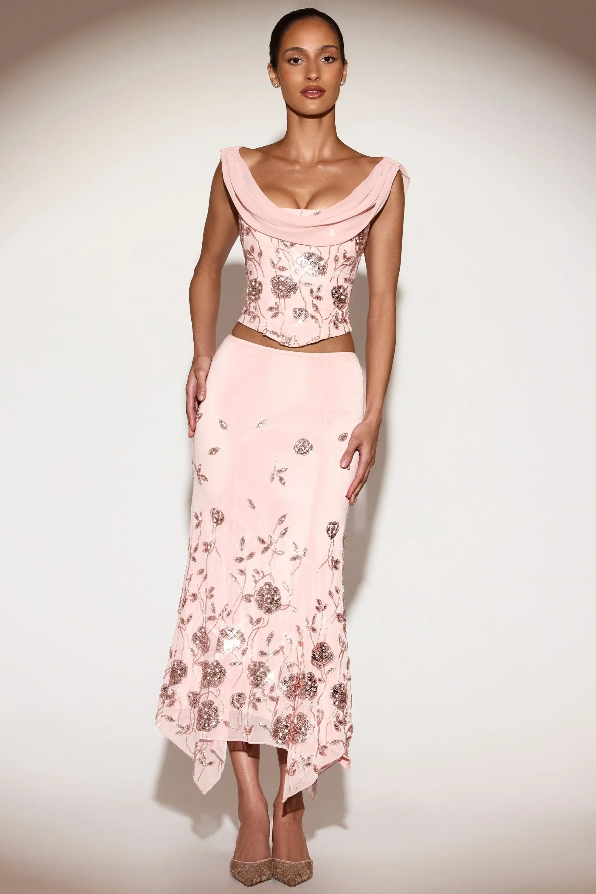 Embellished Mid Rise Hanky Hem Midaxi Skirt in Pink