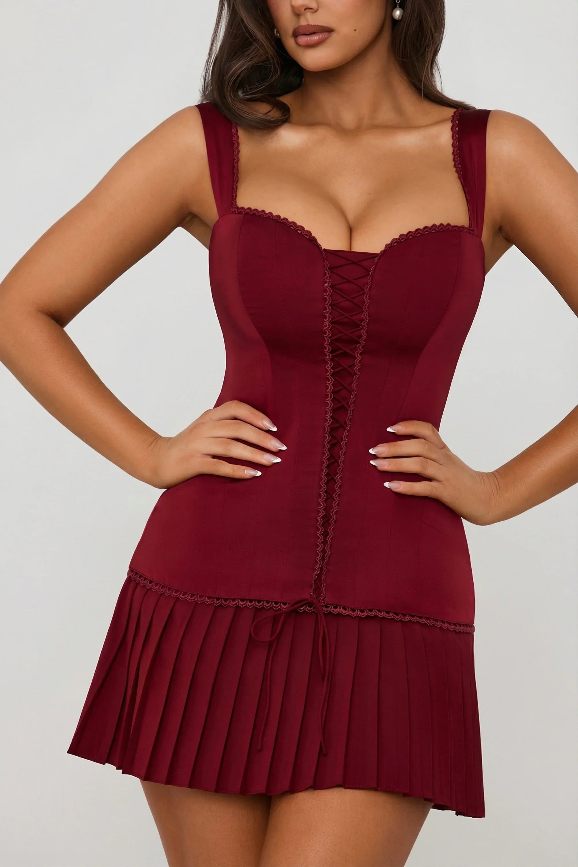 Bow Detail Lace Up Corset Mini Dress in Berry Red