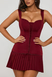 Bow Detail Lace Up Corset Mini Dress in Berry Red