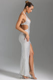 Embellished Cut Out Halterneck Maxi Dress in White