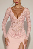 Lace Scalloped Plunge Neck Maxi Dress in Pink
