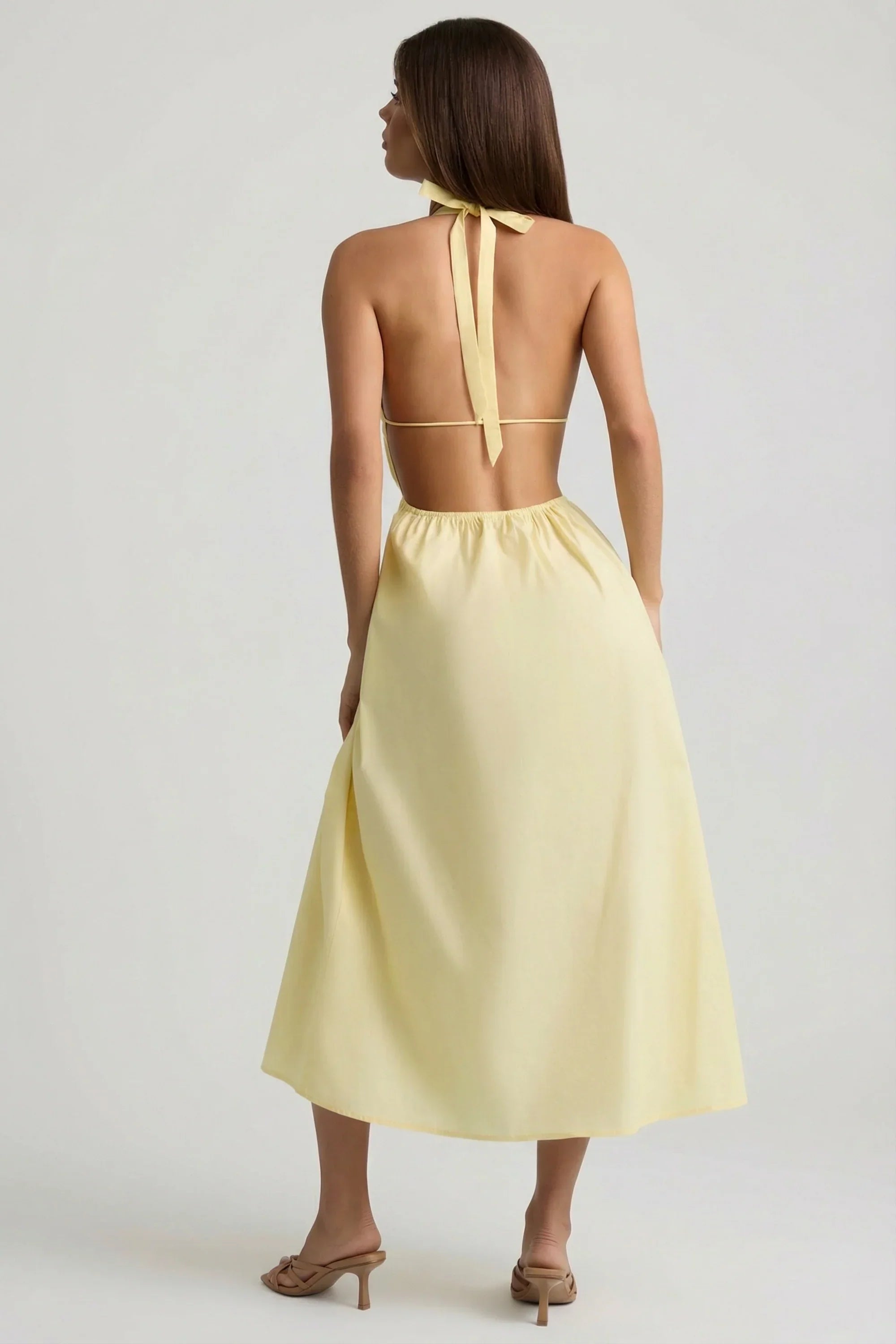 Backless Cotton Poplin Midaxi Dress in Lemon Yellow