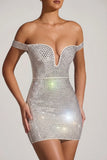 Embellished Off Shoulder Mini Dress in White