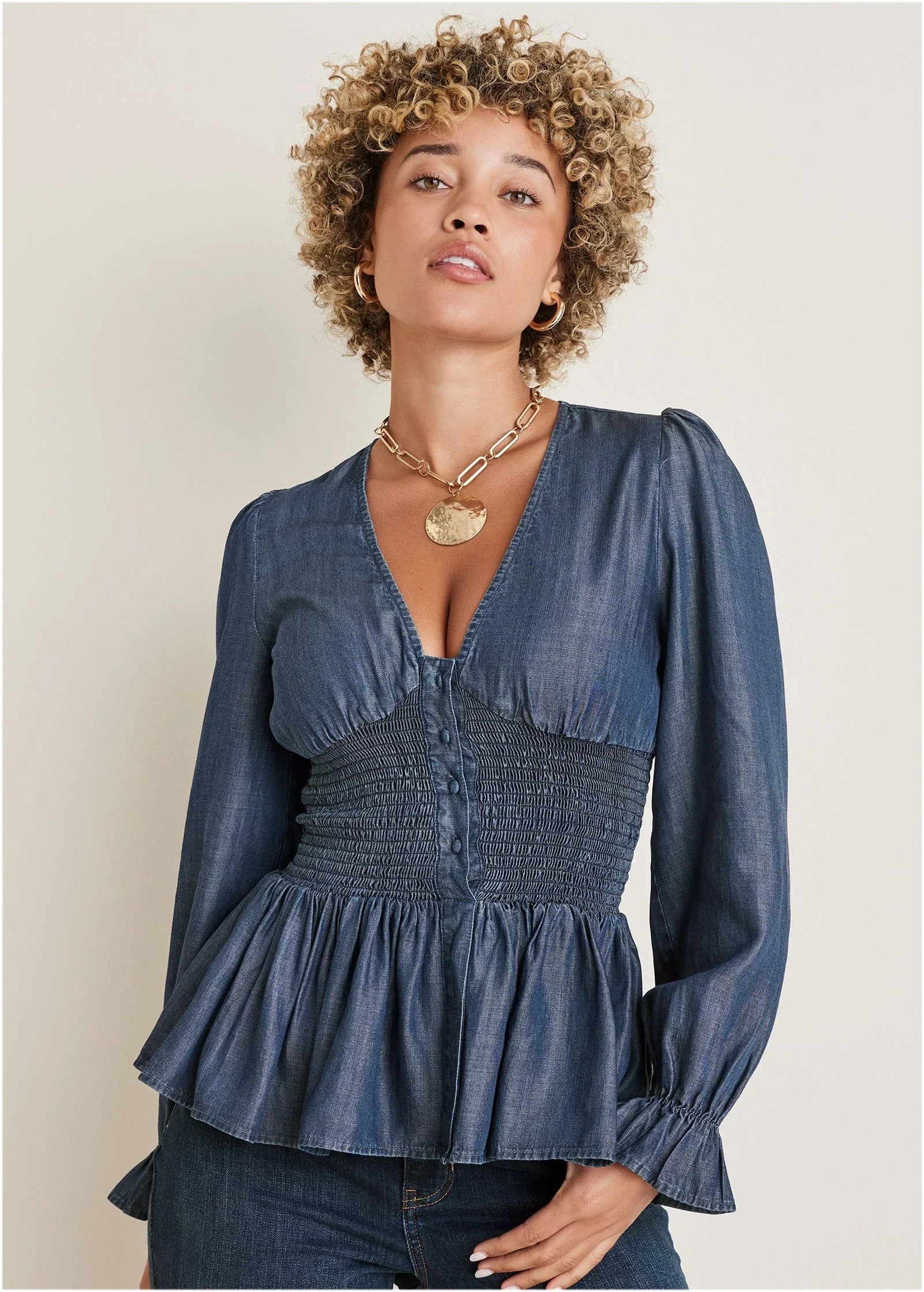 Chambray Smocked Top Dark Wash