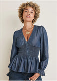 Chambray Smocked Top Dark Wash