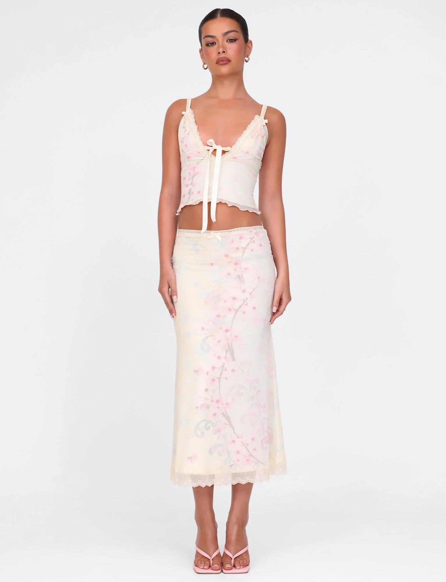 LONIE MIDI SKIRT NEUTRAL FLORAL WASHED CHERRY BLOSSOM
