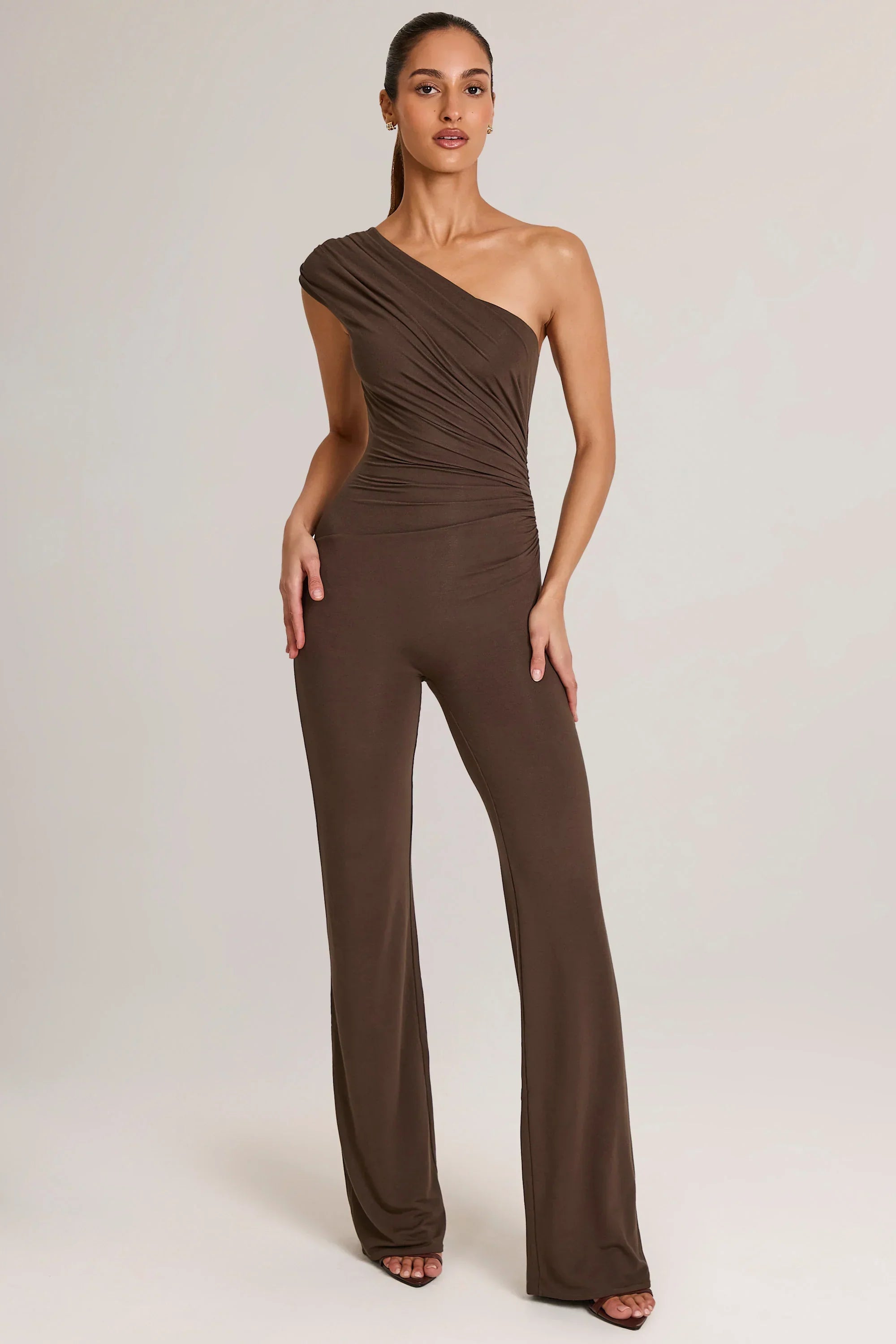 Modal One Shoulder Jumpsuit in Chocolate Brown