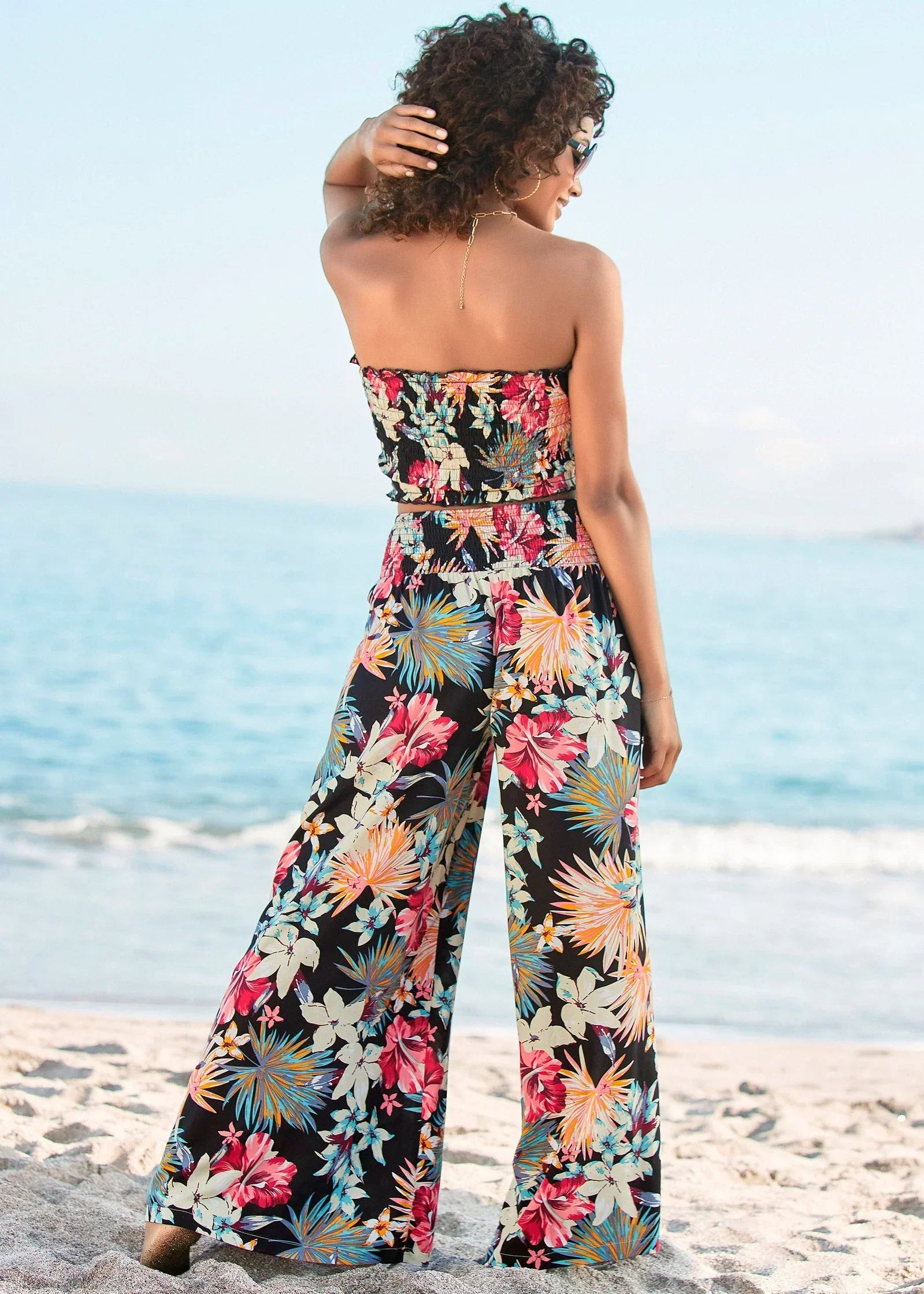 Smocked Waist Flared Pants Black Multi