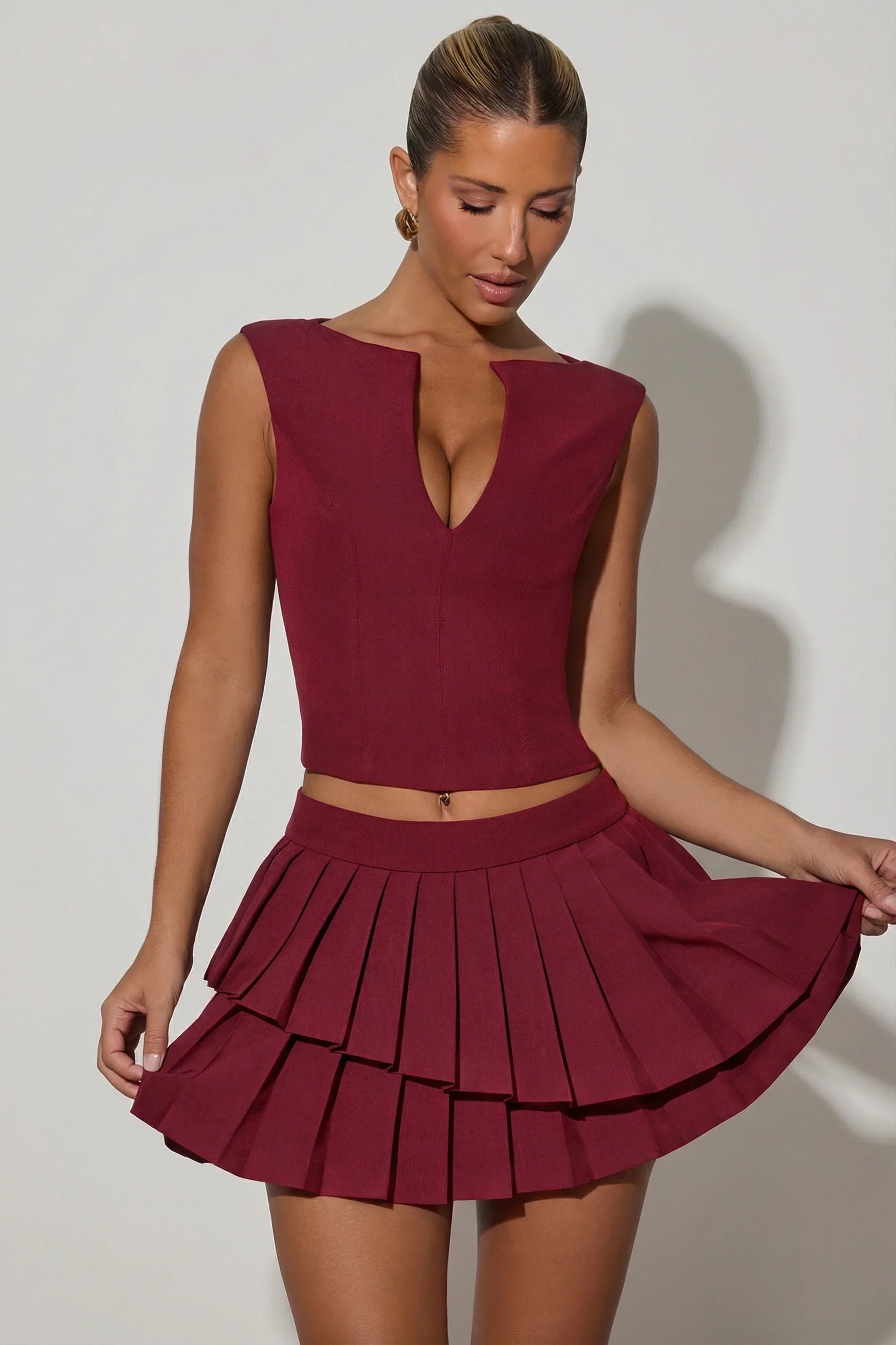 Layered Pleated Low Rise Mini Skirt in Wine Red