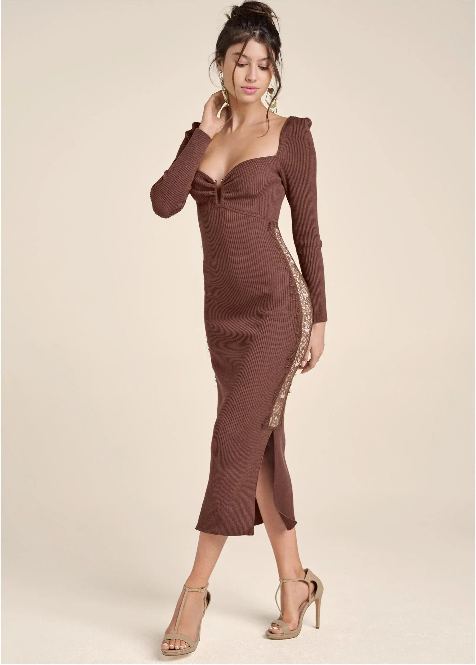 Lace Detail Sweater Dress Brown