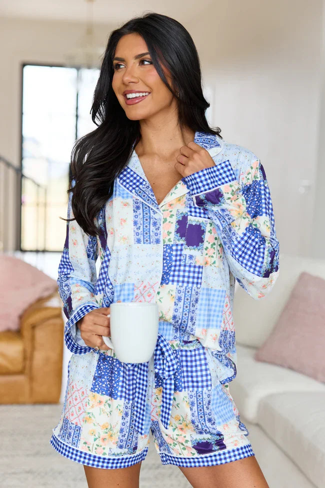 Cozy Crush Long Sleeve Pajama Top Patchwork Pop Blue