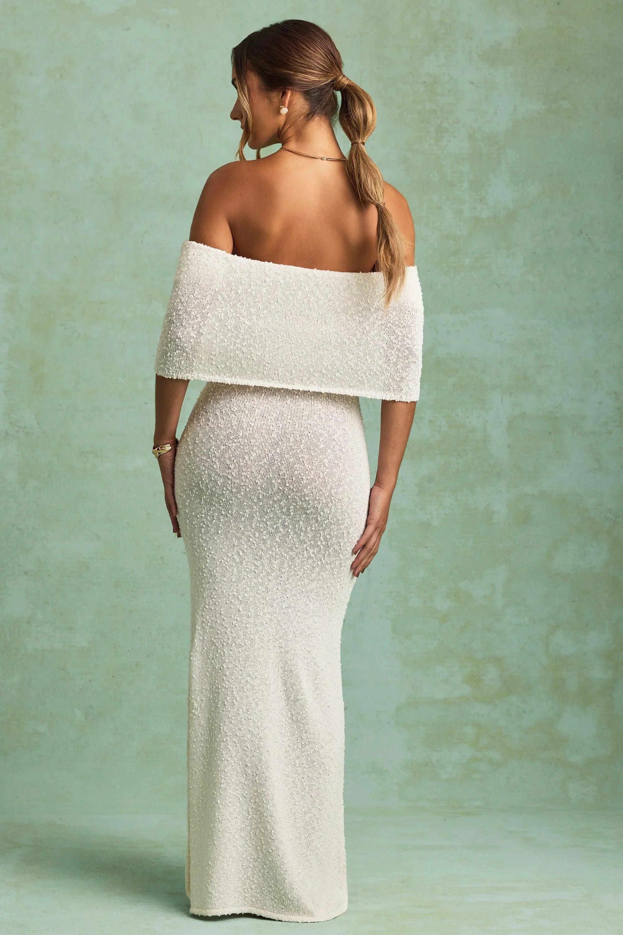 Bouclé Off Shoulder Maxi Dress in White
