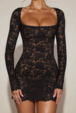 Sheer Scalloped Lace Long Sleeve Mini Dress in Black