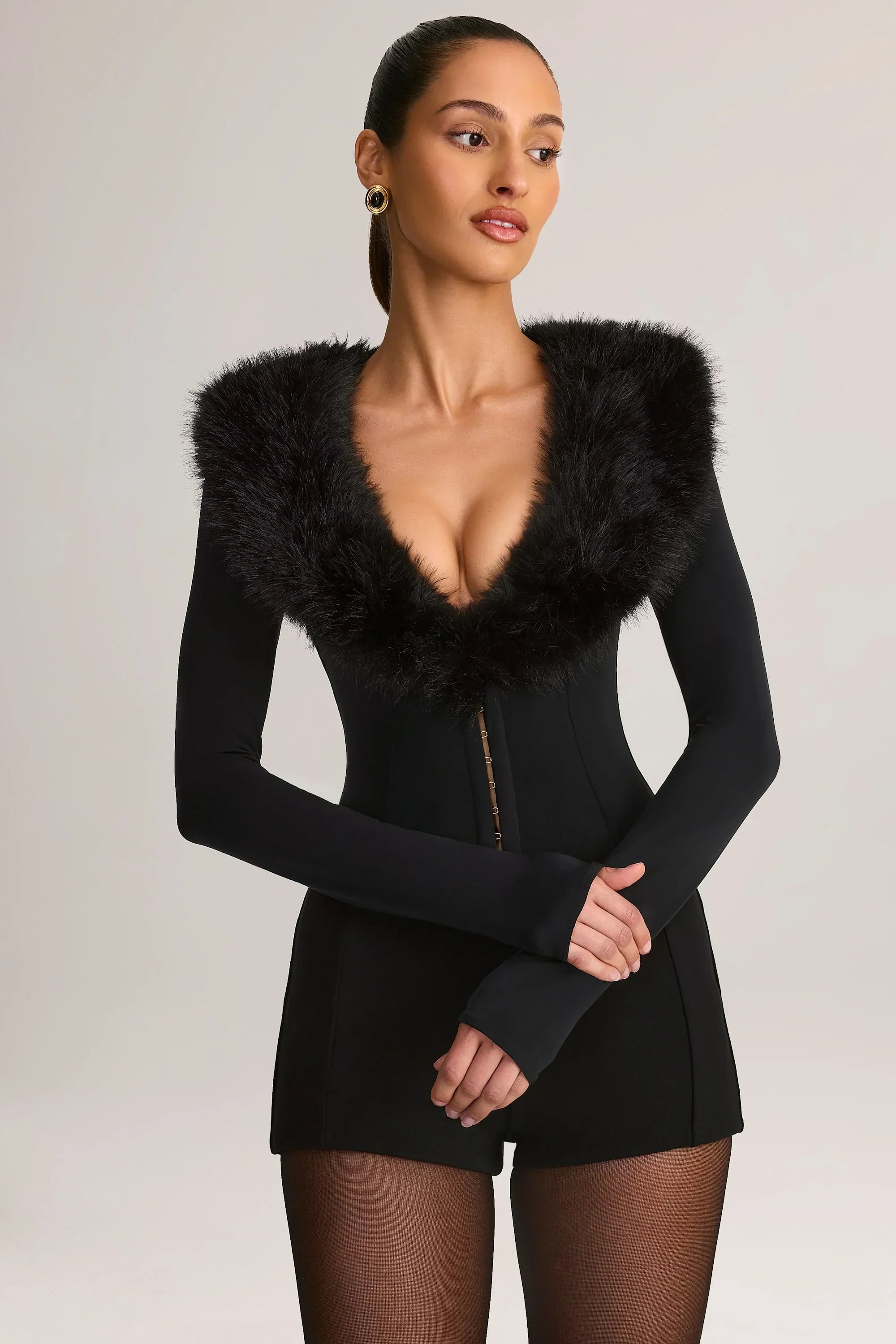 Faux Fur Trim Corset Playsuit in Black