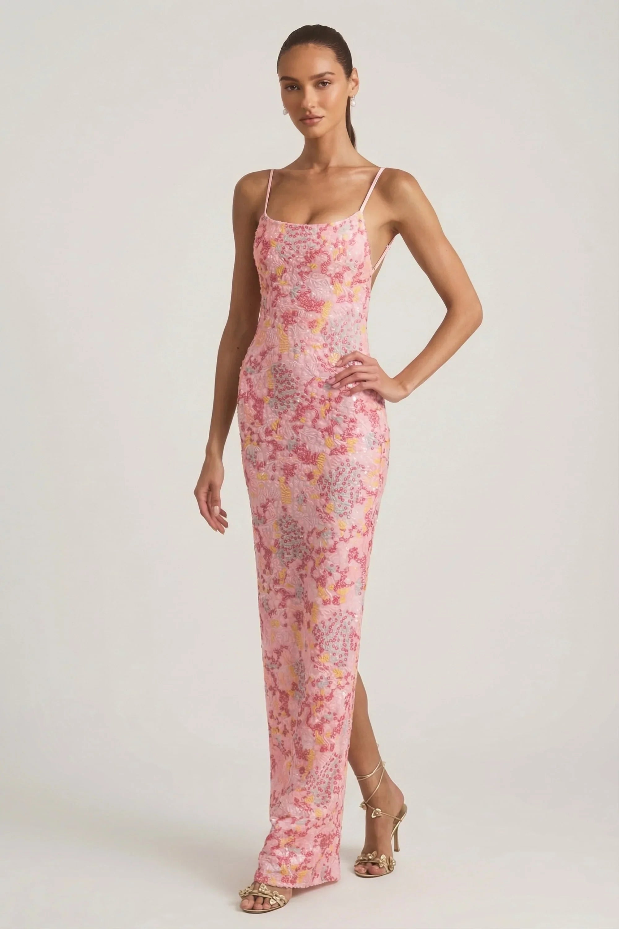 Embellished Scoop Neck Backless Maxi Dress in Pink
