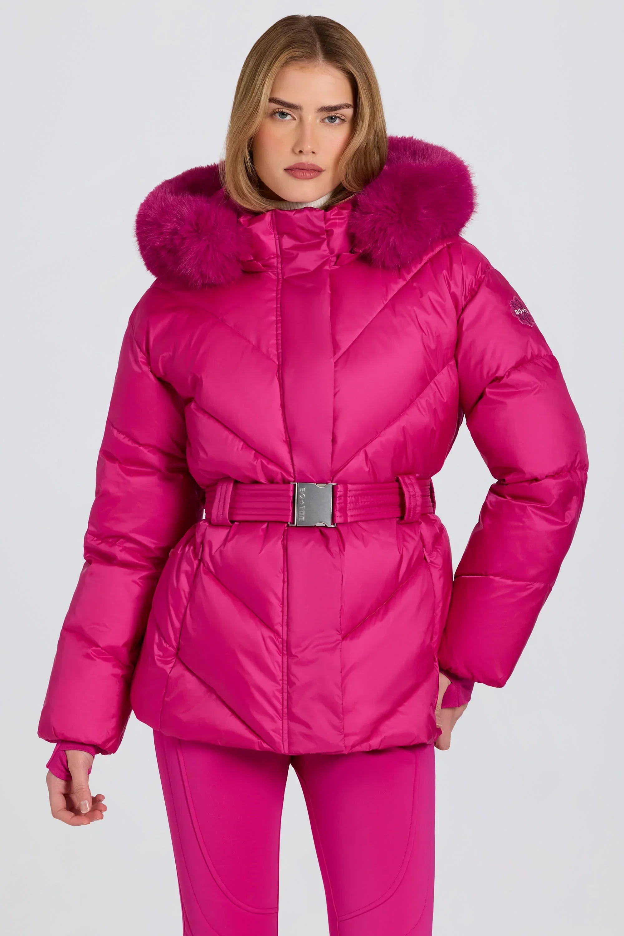 Waterproof Faux Fur Hood Ski Jacket in Magenta Pink