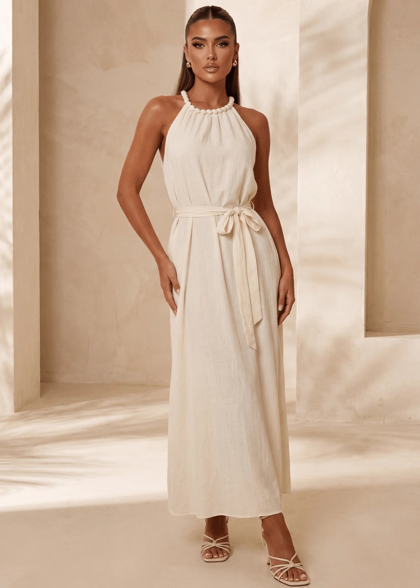 One More Day Floaty Tie Detail Maxi Dress Beige