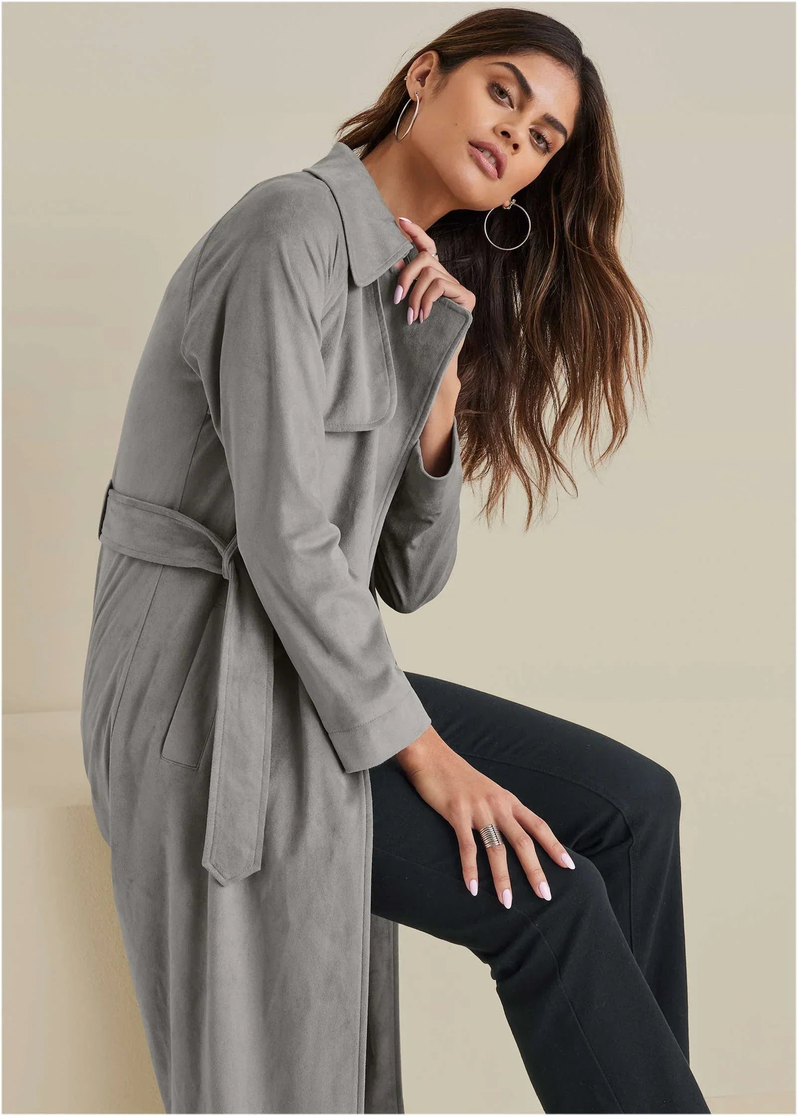 Faux Suede Trench Coat Grey