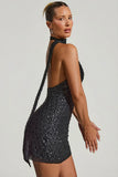 Embellished Scarf Detail Halterneck Mini Dress in Black