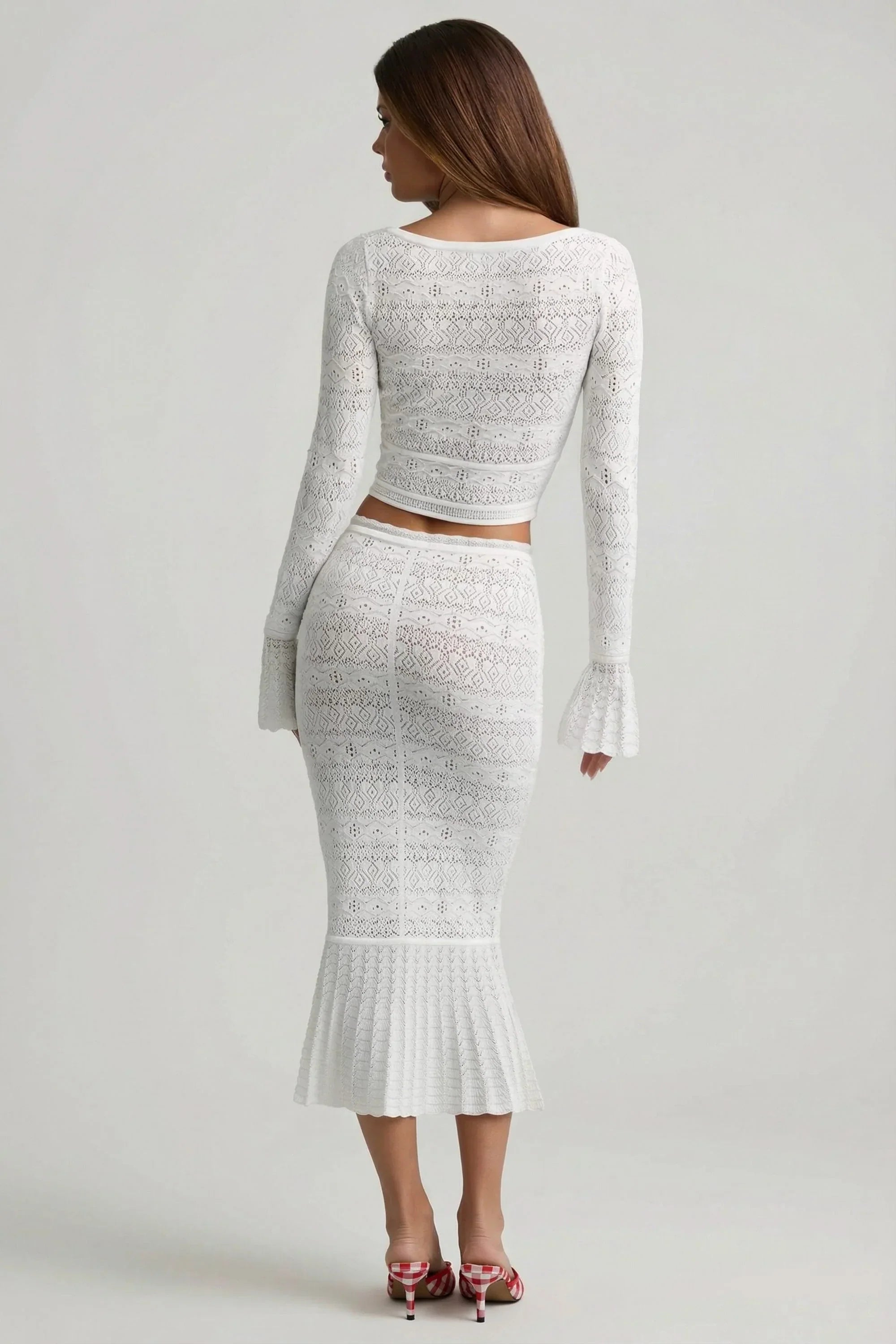 Ruffle Trim Pointelle Knit Midaxi Skirt in White