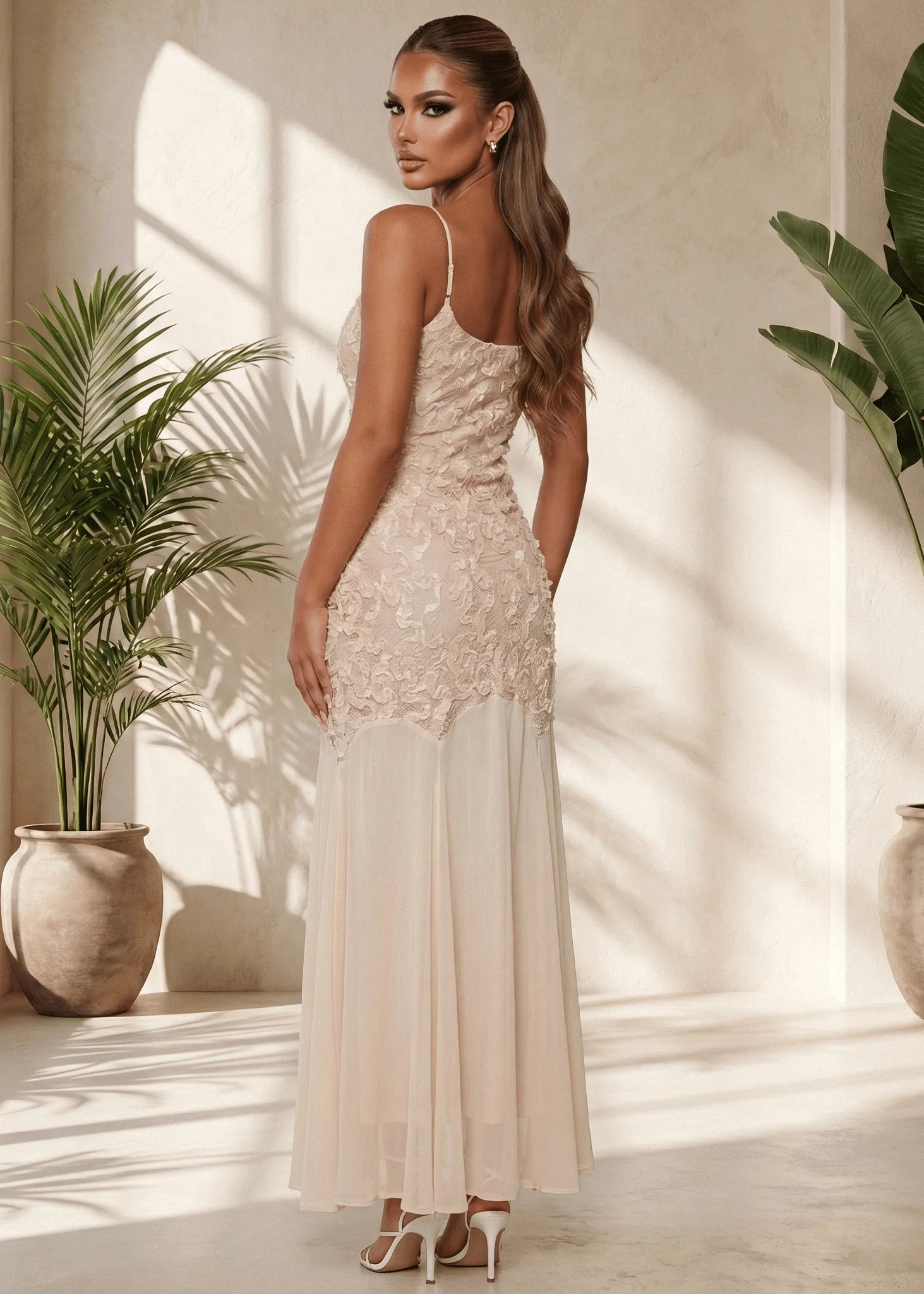 Forever Begins 3D Flower Maxi Dress Beige