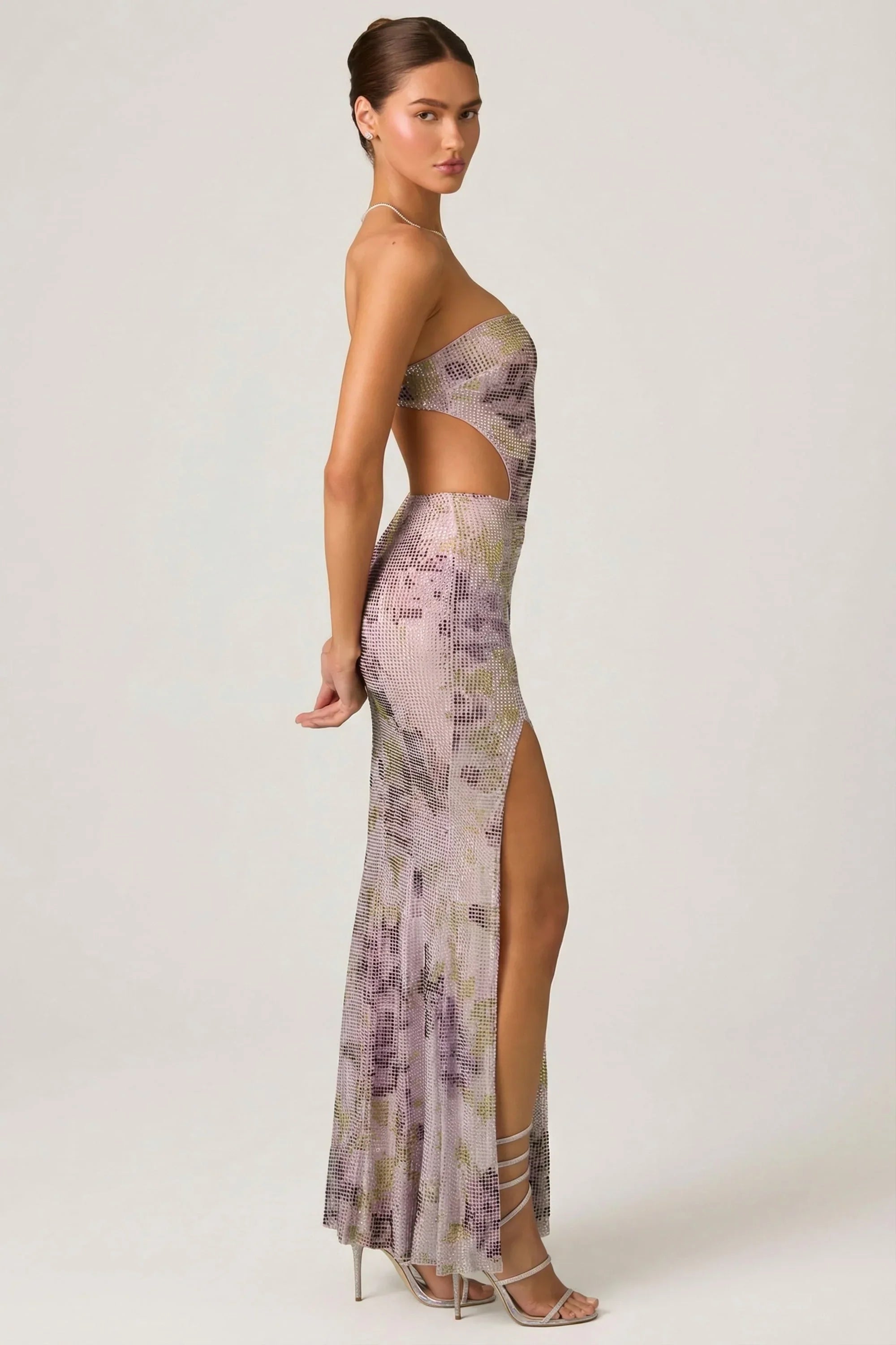 Embellished Cut Out Fishtail Maxi Dress in Lilac