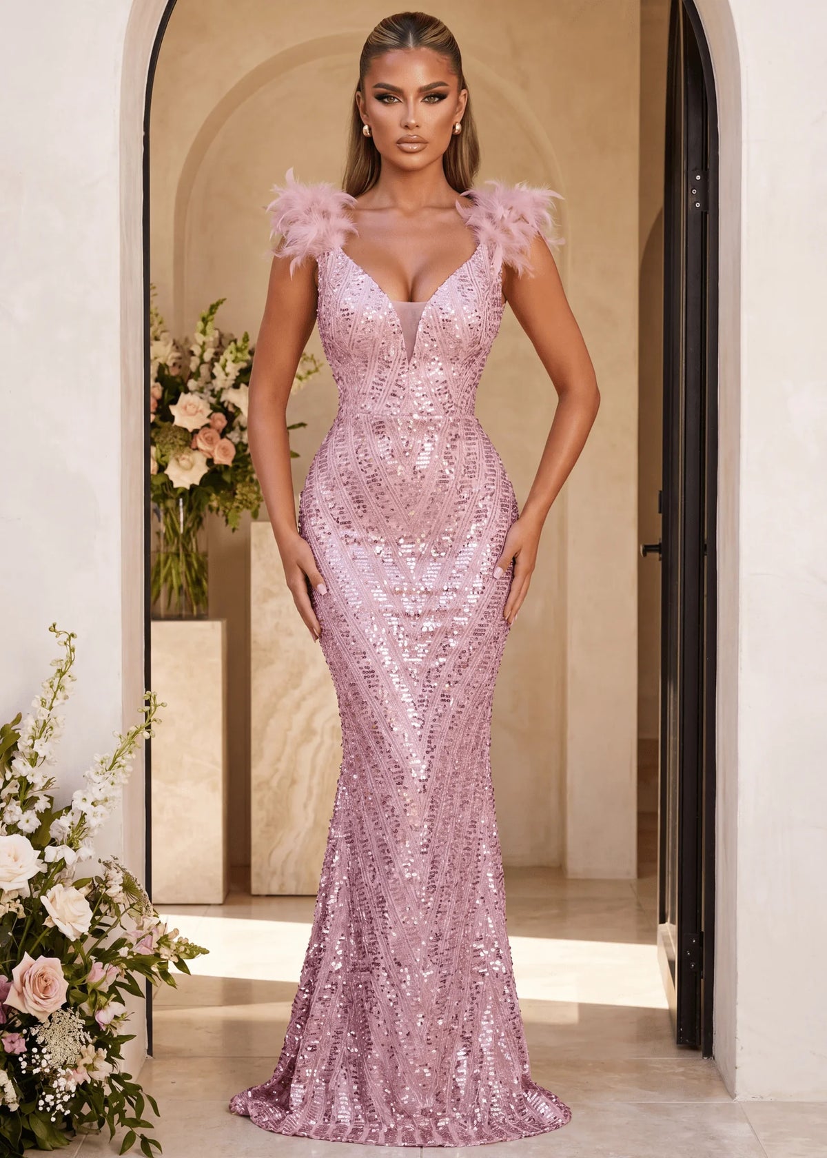 Evening Allure Sequin Feather Gown Pink