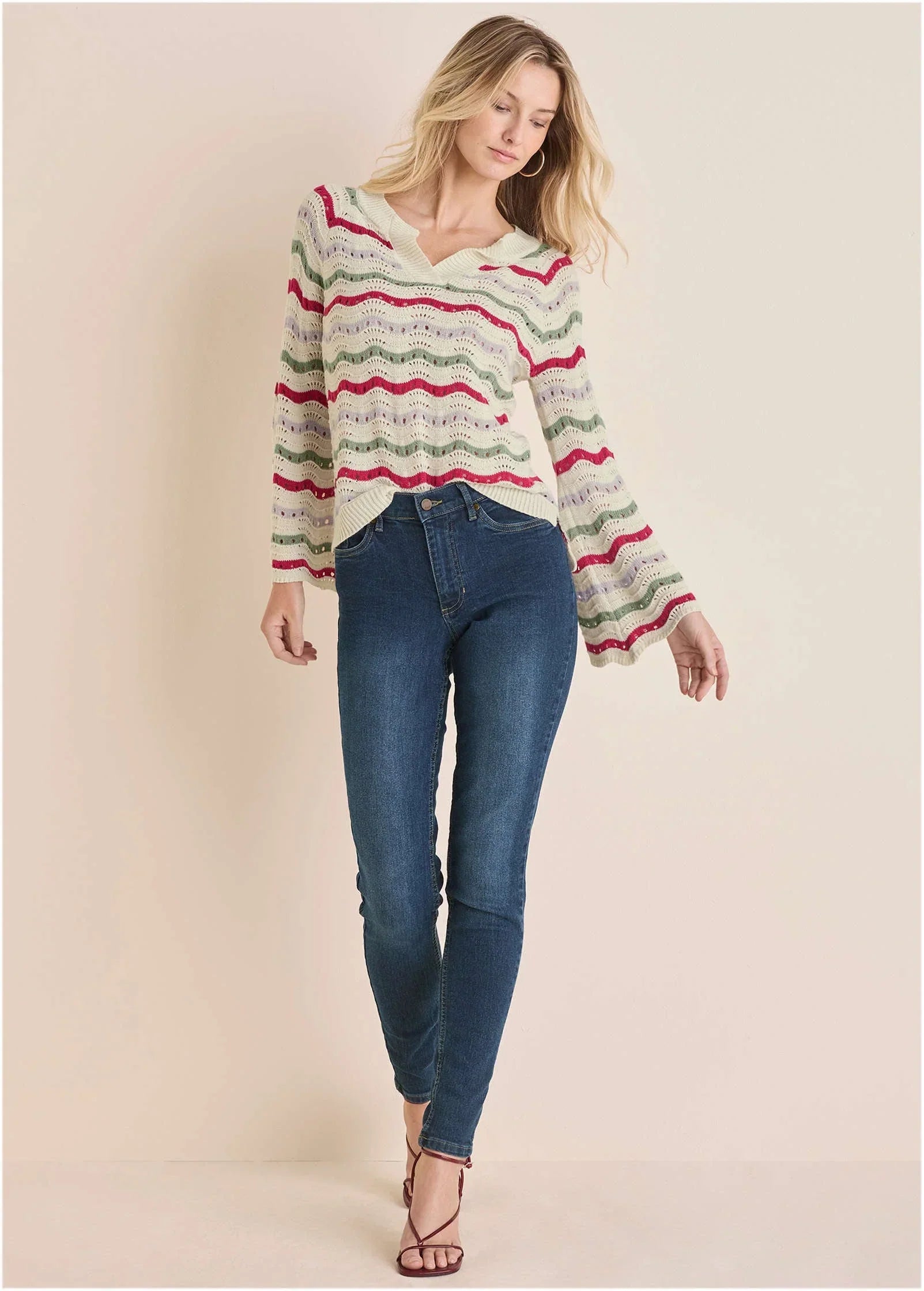 Stripe Pointelle Sweater Grey Multi