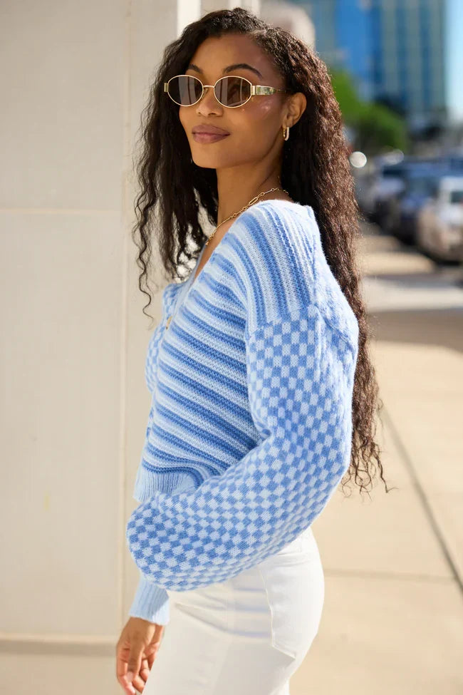 Samara Checkered And Stripes Blue Cardigan SALE