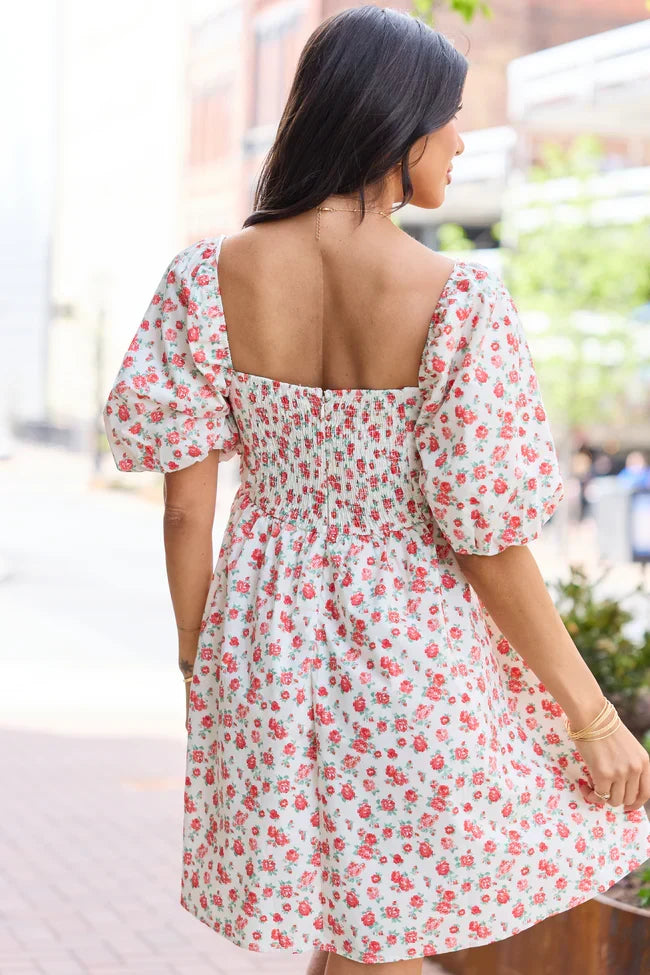 Im Just A Girl Ivory and Red Rosette Printed Mini Dress FINAL SALE