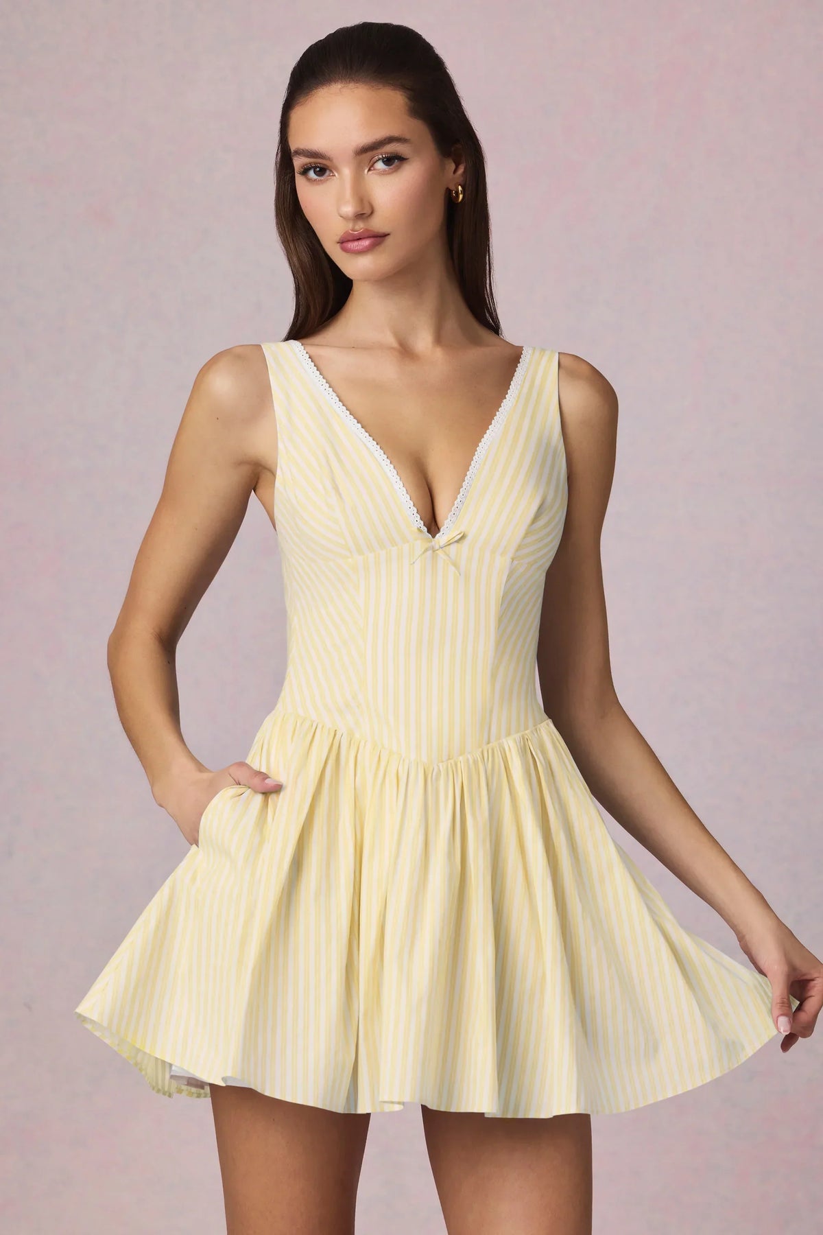 Bow Detail A Line Mini Dress in Lemon Yellow Stripe