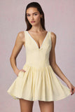 Bow Detail A Line Mini Dress in Lemon Yellow Stripe