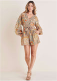Linen Tie Waist Romper Medallion Golden Patchwork
