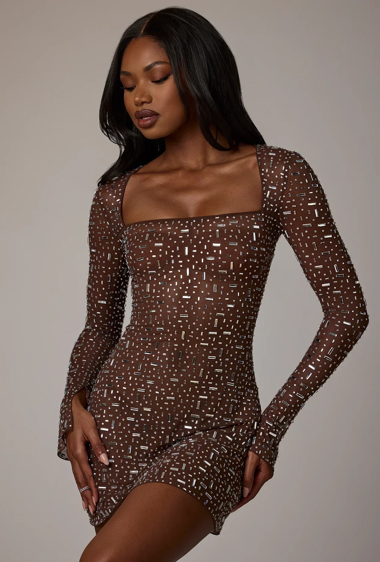 Sheer Embellished Long Sleeve A Line Mini Dress in Deep Cocoa