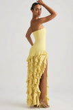 Ruffle Trim Strapless Gown in Pastel Yellow