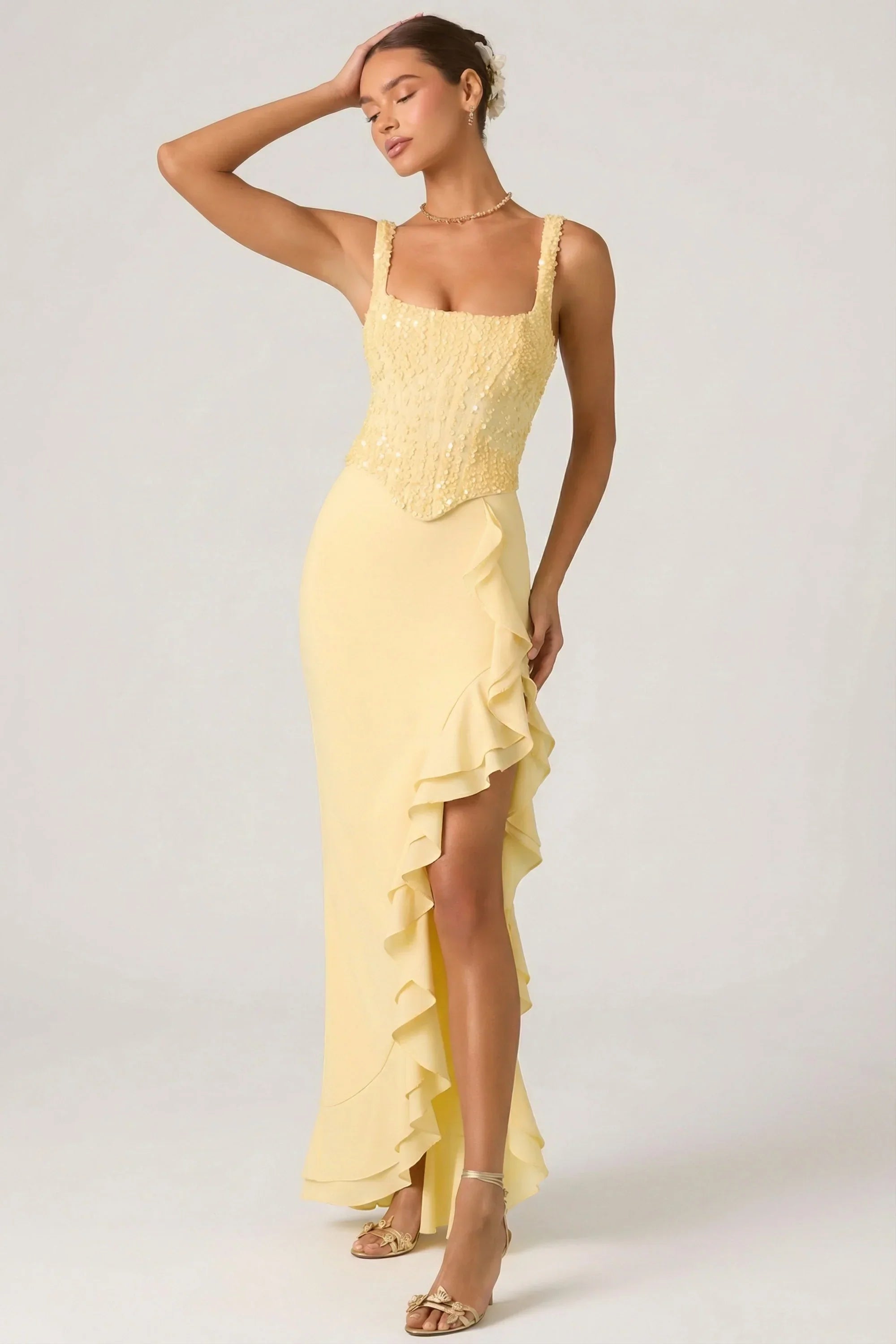 Embellished Ruffle Trim Corset Gown in Yellow