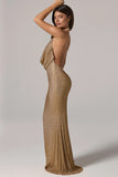 Embellished Cowl Neck Backless Gown in Gold
