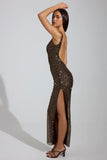 Embellished Scoop Neck Thigh Split Maxi Dress in Brown