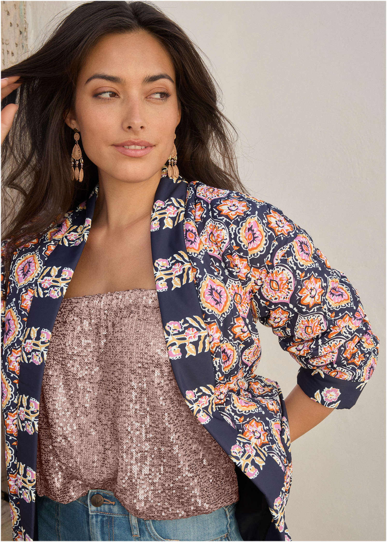 Quilted Jacket With Tie Blue Pink