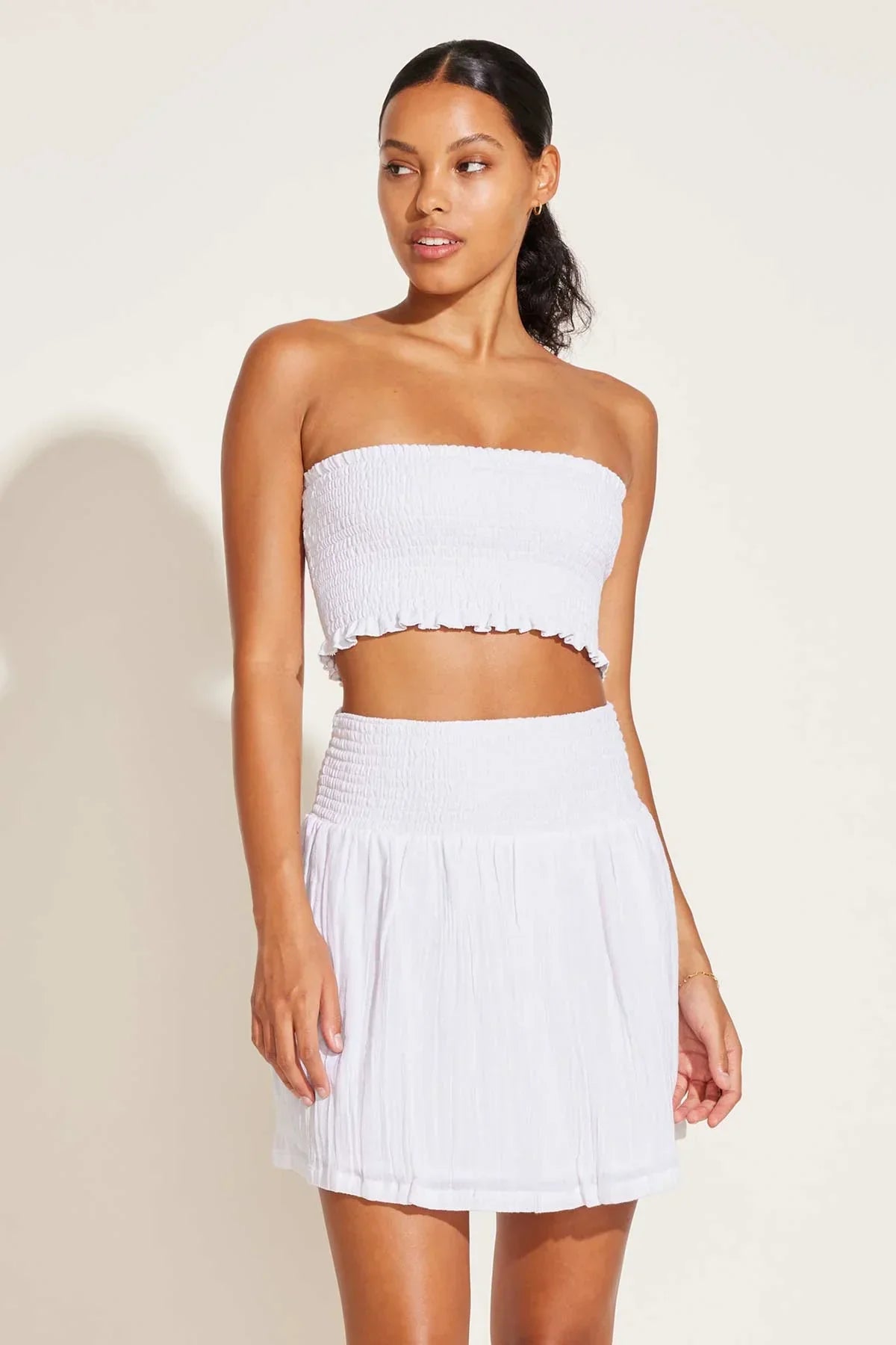Nya Smocked Bandeau Top White Crinkle Linen