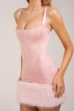 Satin Square Neck Corset Faux Fur Mini Dress in Blush Pink