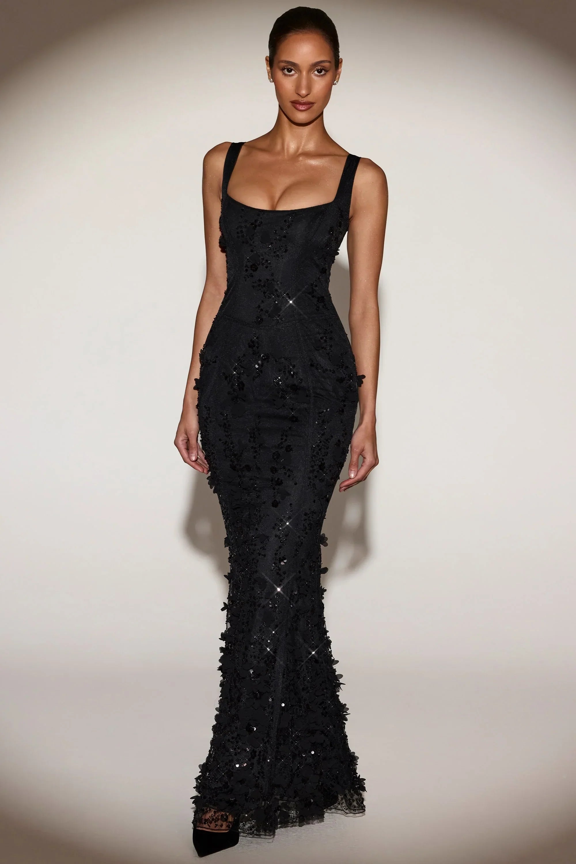 Embellished Appliqué Soft Scoop Corset Gown in Black