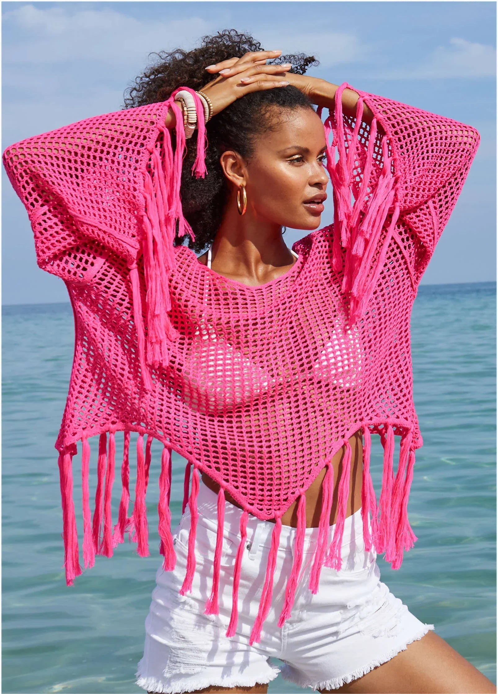 Fringe Crochet Cover Up Hot Pink