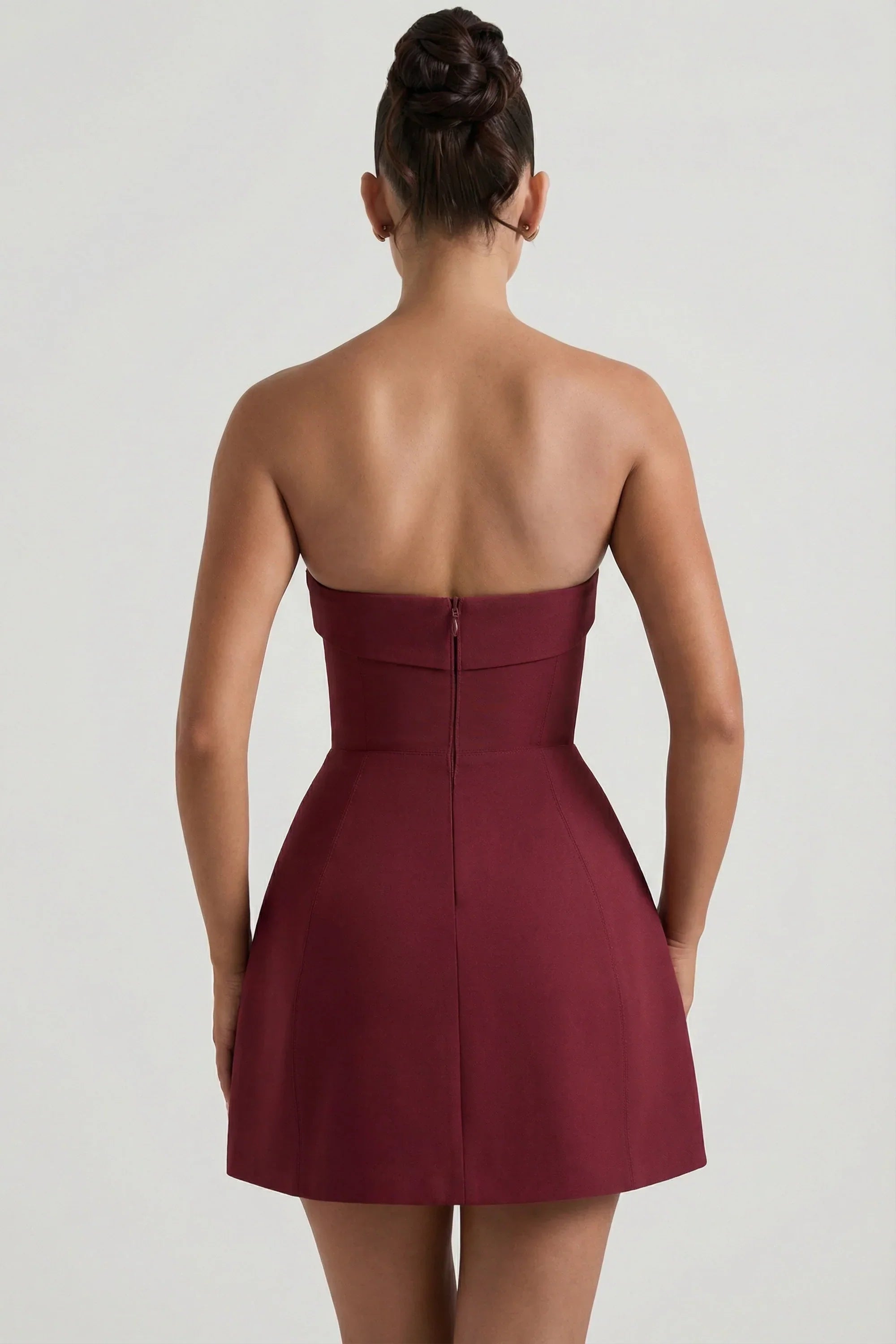 Foldover Neck Strapless Structured A Line Mini Dress in Wine Red
