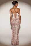 Embellished Mid Rise Thigh Split Maxi Skirt in Rose Gold
