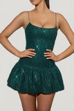 Embellished Bubble Hem Mini Dress in Teal Green