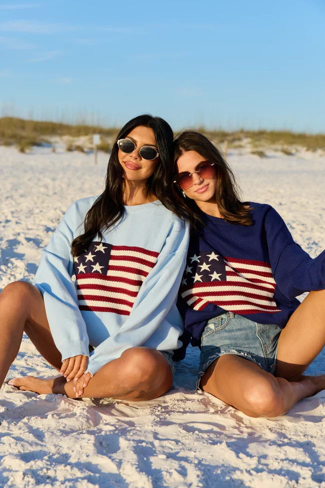 Home Of The Free Light Blue Textured Flag Sweater